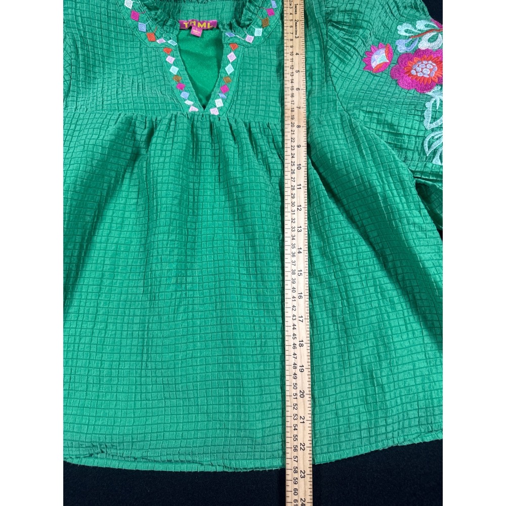 THML Green Seersucker Floral Embroidered Puff Sleeve Blouse Top Womens Large - Picture 5 of 7